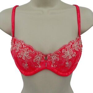 Victorias Secret 32D Pink Red Embroidered Flower Lace Underwire Push Up Bra